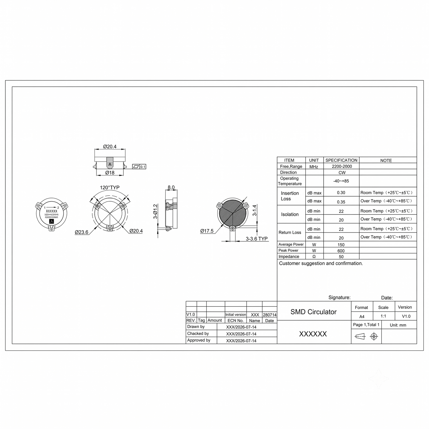 20.4mm 2200-2500MHz SMD Circulator