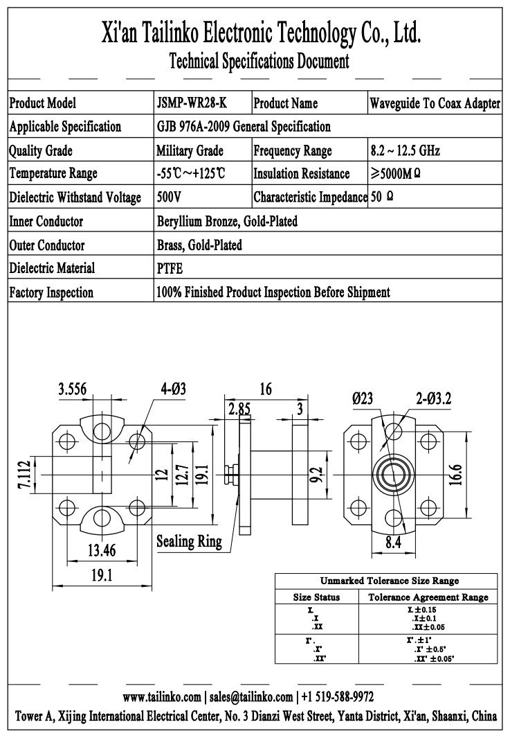 WCA: JSMP-WR28-K Waveguide to Coaxial Adapter