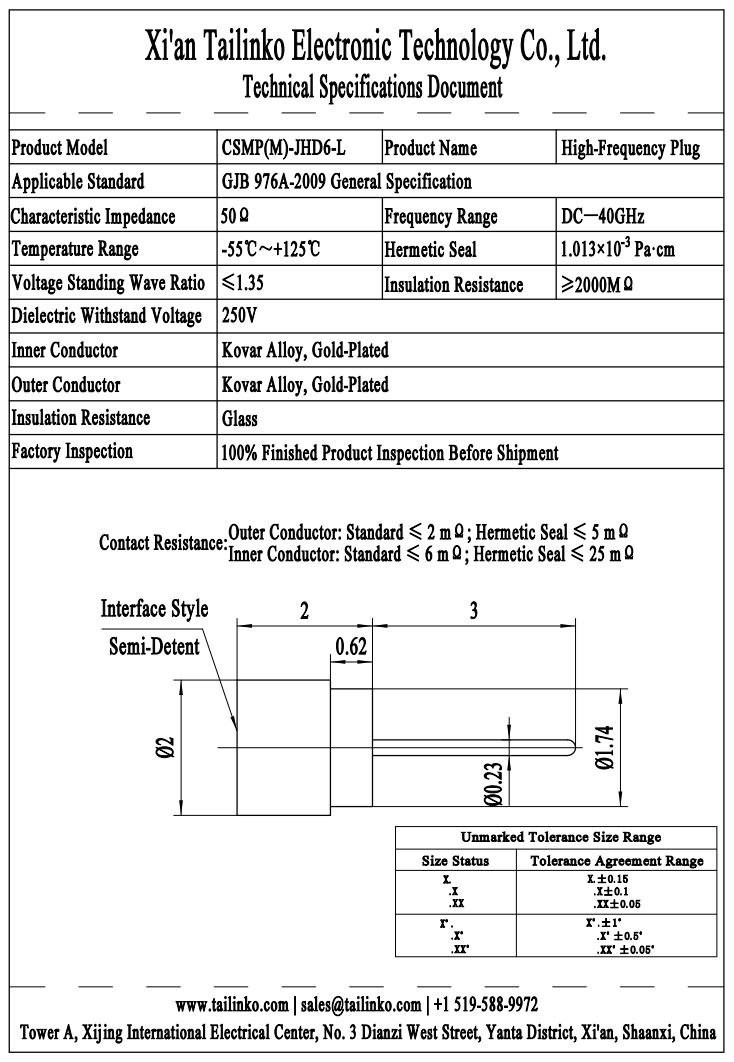 RFC: CSMP Male Semi-Detent Hermetic Glass-Sealed RF Coaxial Connector (CSMP(M)-JHD6-L)