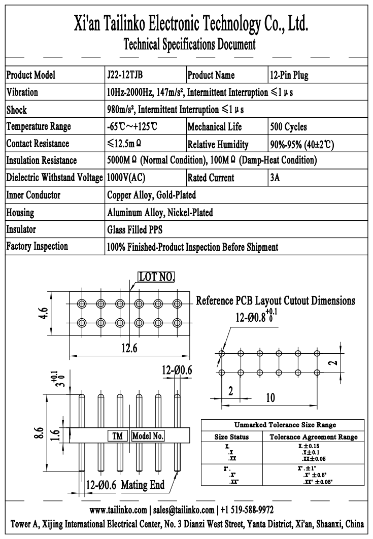 MRC: J22-12TJB Straight Mount Micro-Rectangular PCB Connector Plug