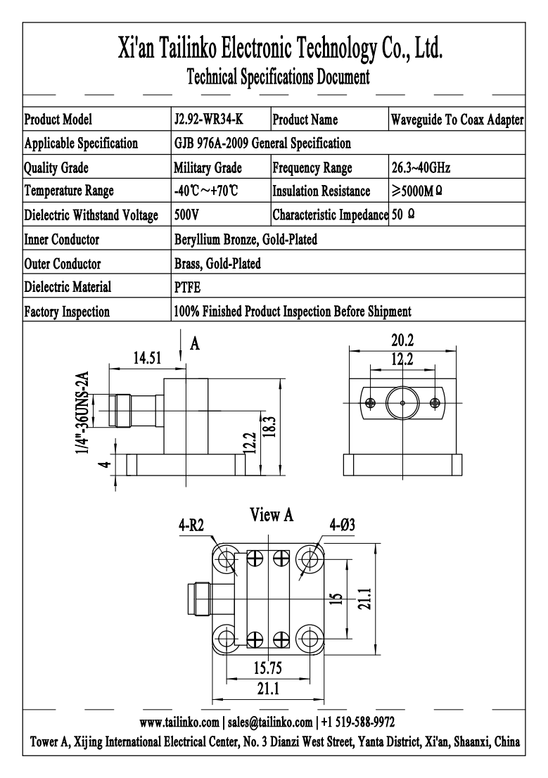 WCA: J2.92-WR34-K Waveguide to Coaxial Adapter
