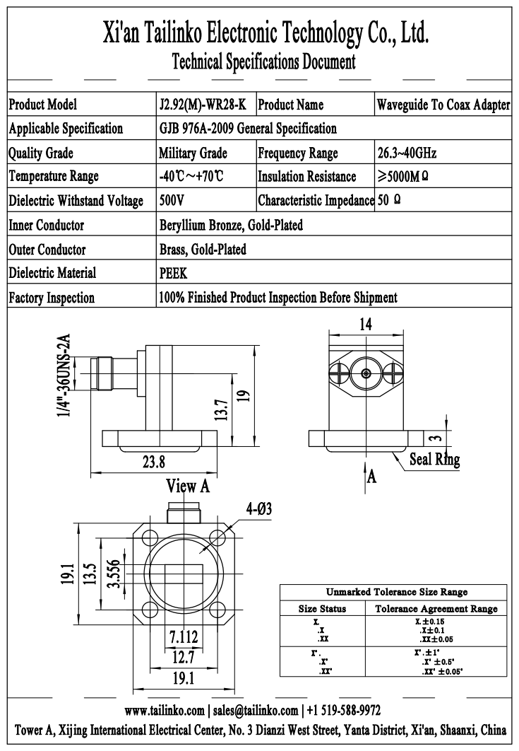 WCA: J2.92(M)-WR28-K Waveguide to Coaxial Adapter