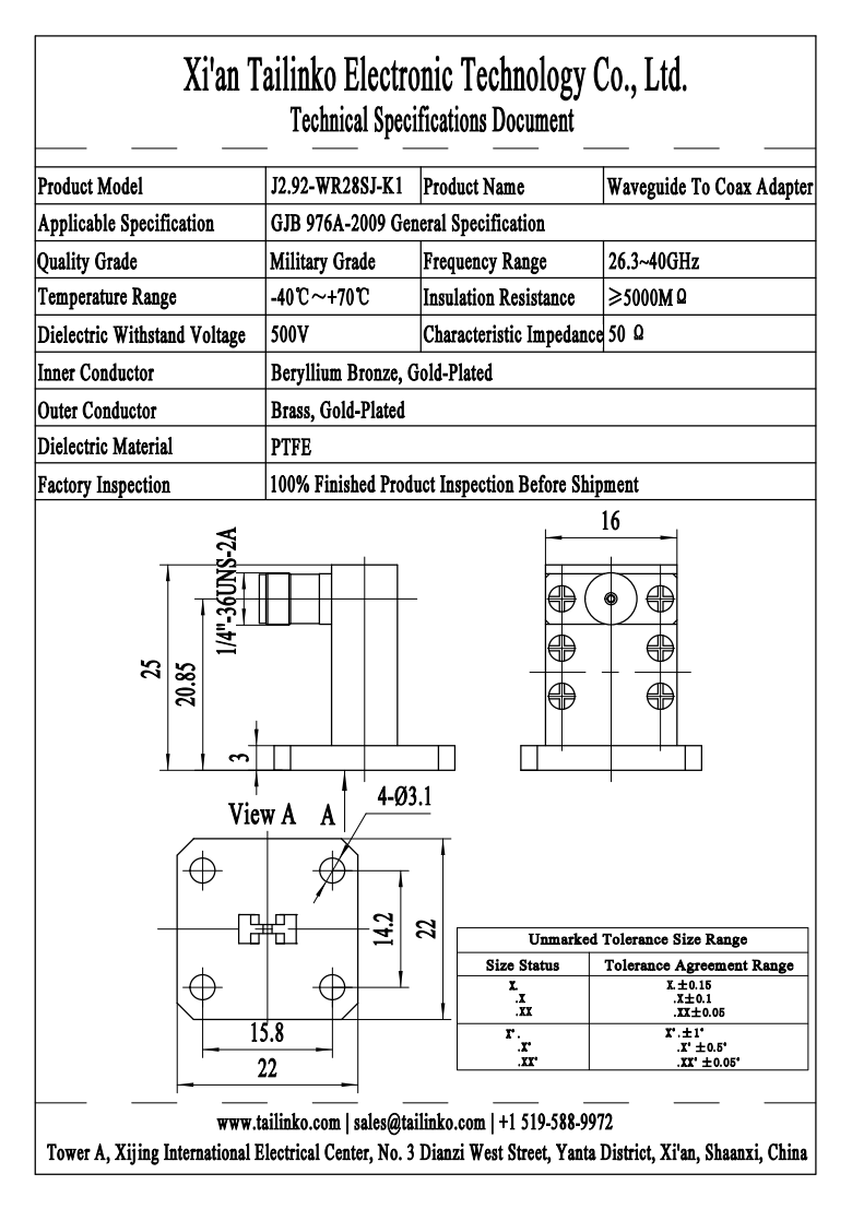 WCA: J2.92-WR28SJ-K1 Waveguide to Coaxial Adapter