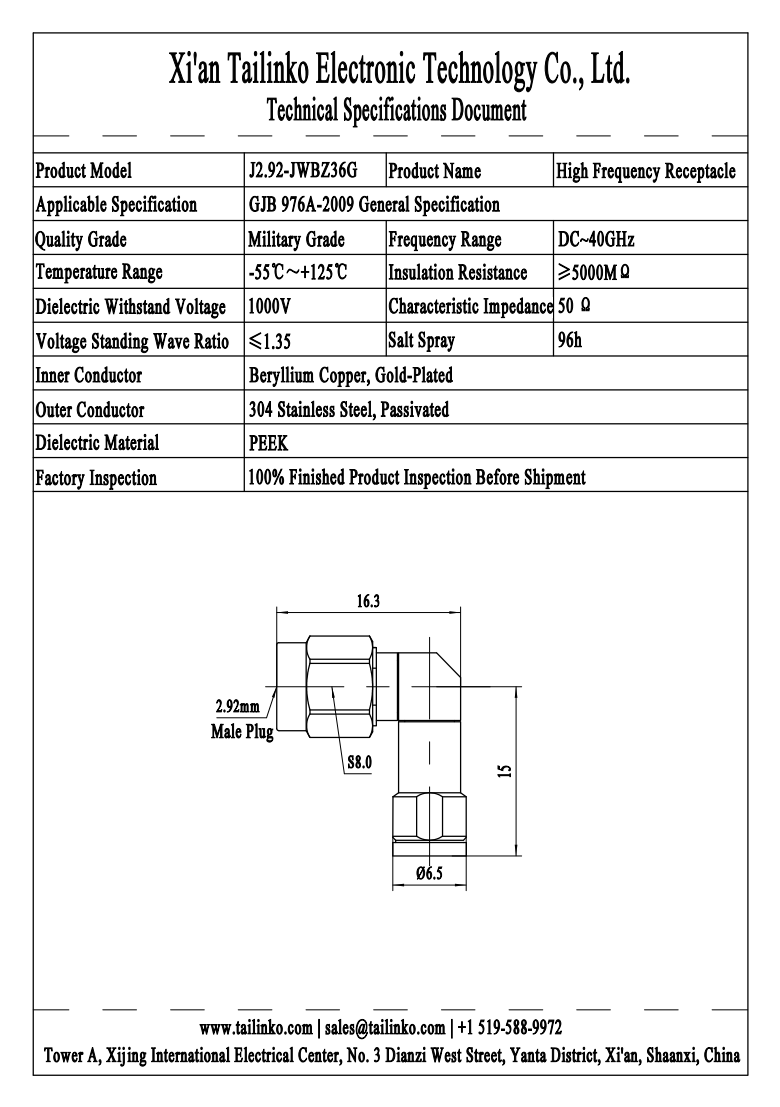 RFC: J2.92-JWBZ36G RF Coaxial Connector