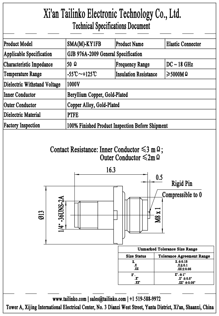 RFC: SMA(M)-KY1FB Glass-to-Metal Seal Fuzz Button Floating Elastic RF Coaxial Connector