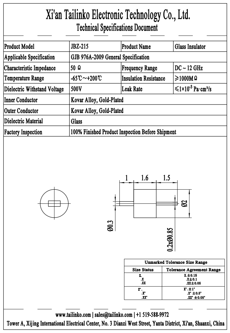 GTMS: JBZ-215 Single-Pin RF Hermetic Glass-to-Metal Seal Feedthrough