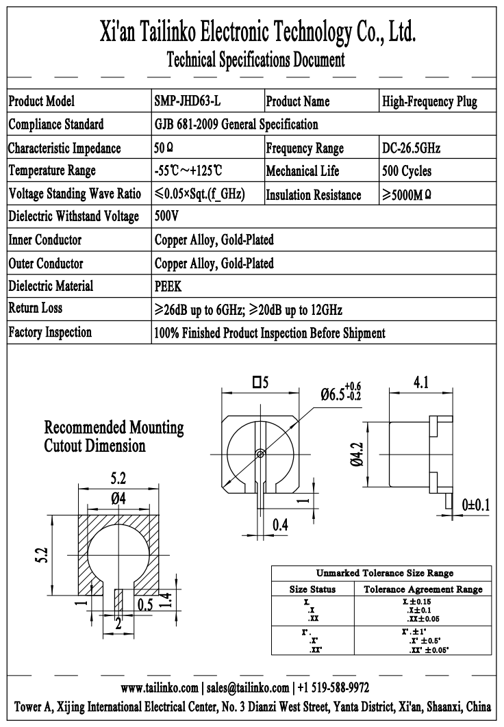 RFC: SMP-JHD63-L - SMP Male Straight Edge Launch PCB RF Coaxial Connector