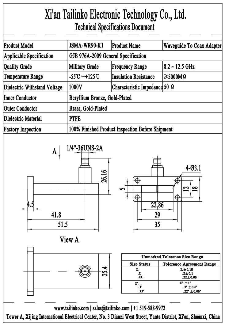WCA: JSMA-WR90-K1 Waveguide to Coaxial Adapter