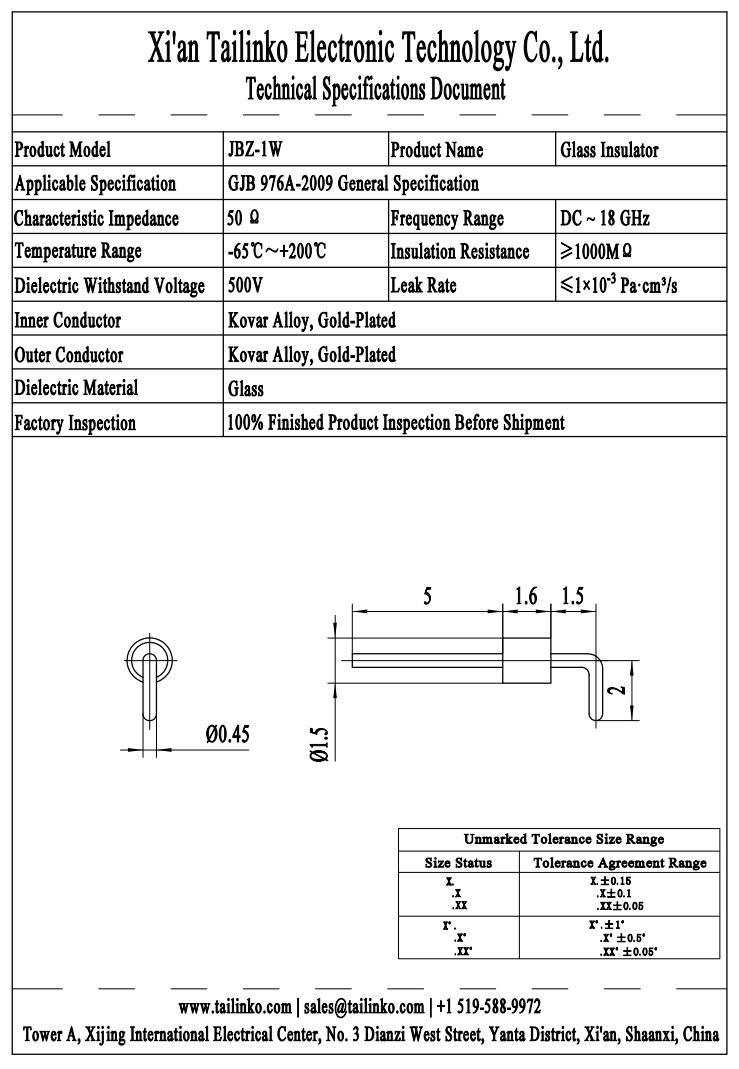 GTMS: JBZ-1W Single-Pin RF Hermetic Glass-to-Metal Seal Feedthrough