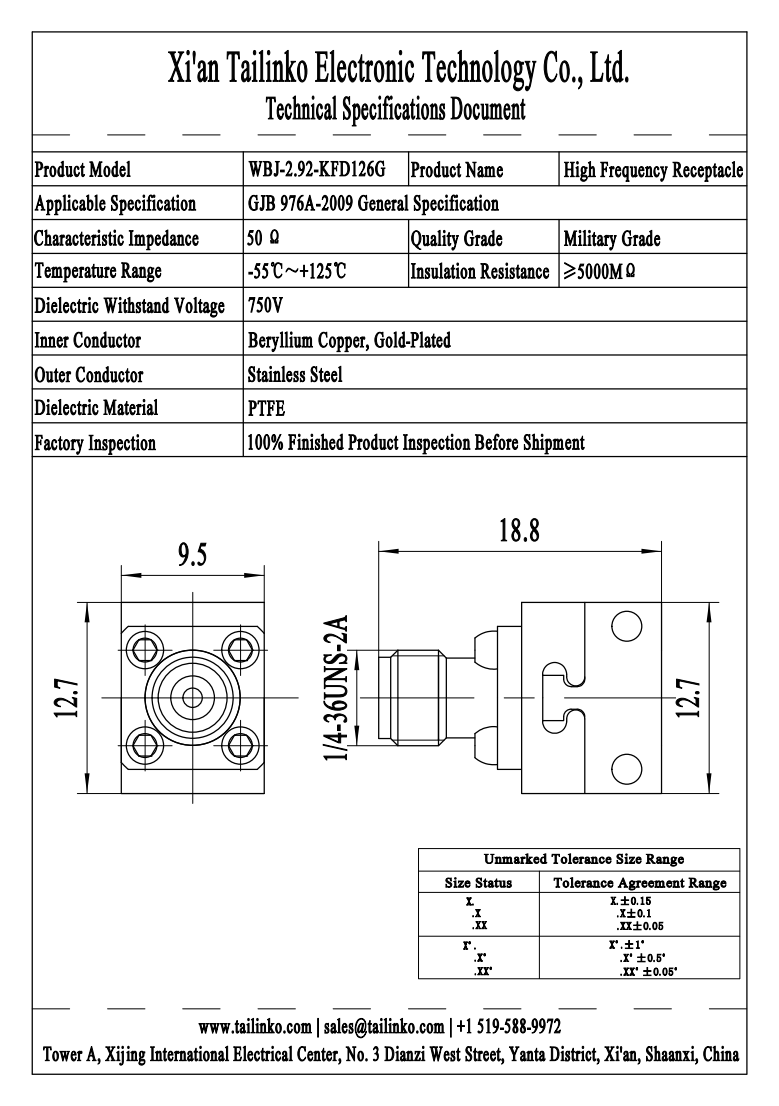 RFC: WBJ-2.92-KFD126G 2.92mm Female Solderless PCB End Launch RF Coaxial Connector