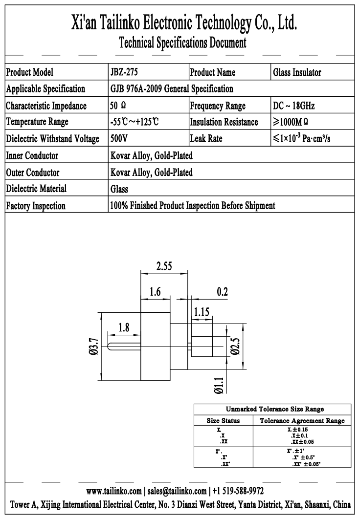 GTMS: JBZ-275 Single-Pin RF Hermetic Glass-to-Metal Seal Feedthrough