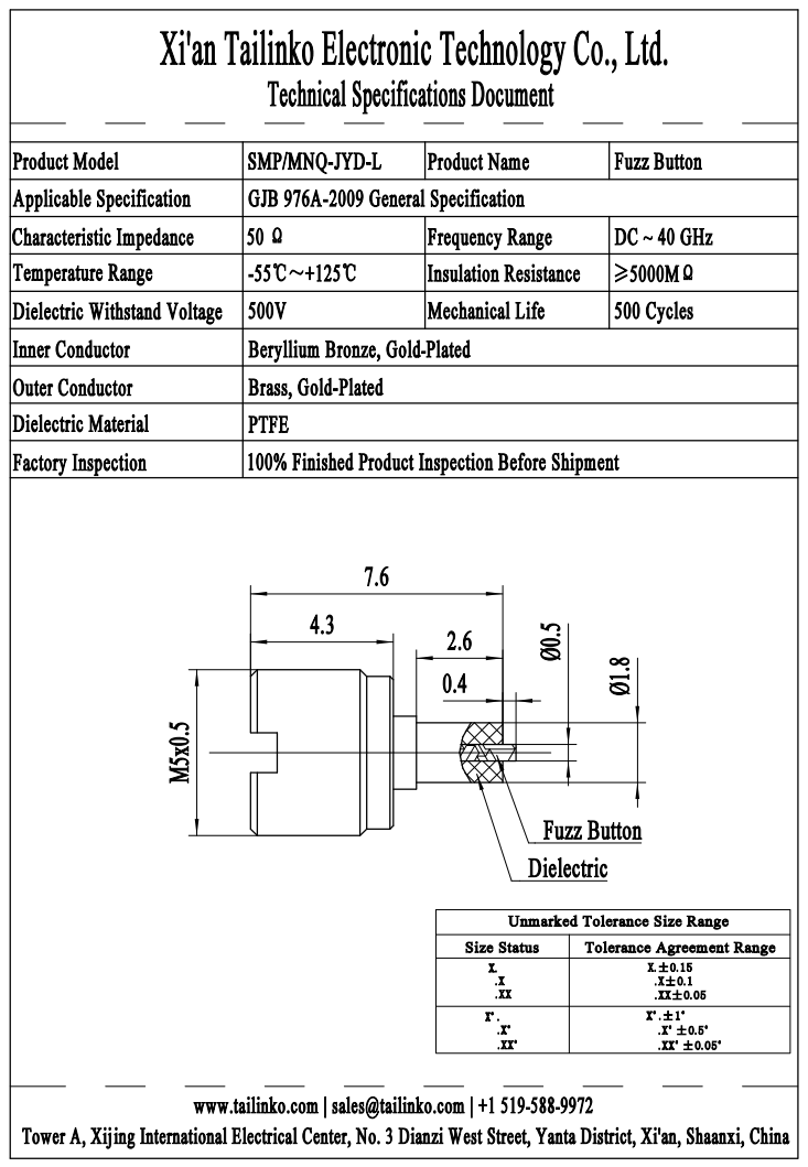 RFC: SMP/MNQ-JYD-L Fuzz Button Floating Elastic RF Coaxial Connector