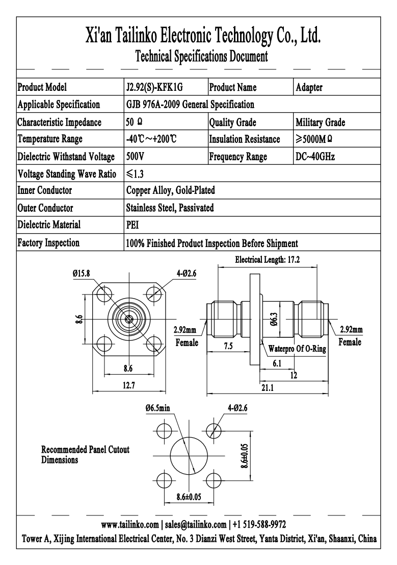 RFA: J2.92(S)-KFK1G 2.92mm Female to 2.92mm Female RF Coaxial Adapter