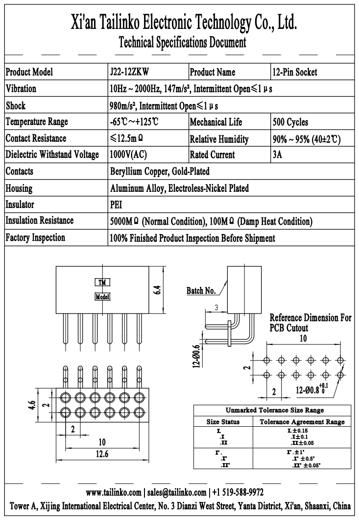 MRC: J22-12ZKW Right-Angle Mount Micro-Rectangular PCB Connector Receptacle