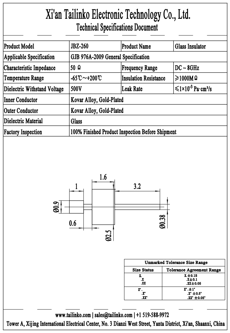 GTMS: JBZ-260 Single-Pin RF Hermetic Glass-to-Metal Seal Feedthrough