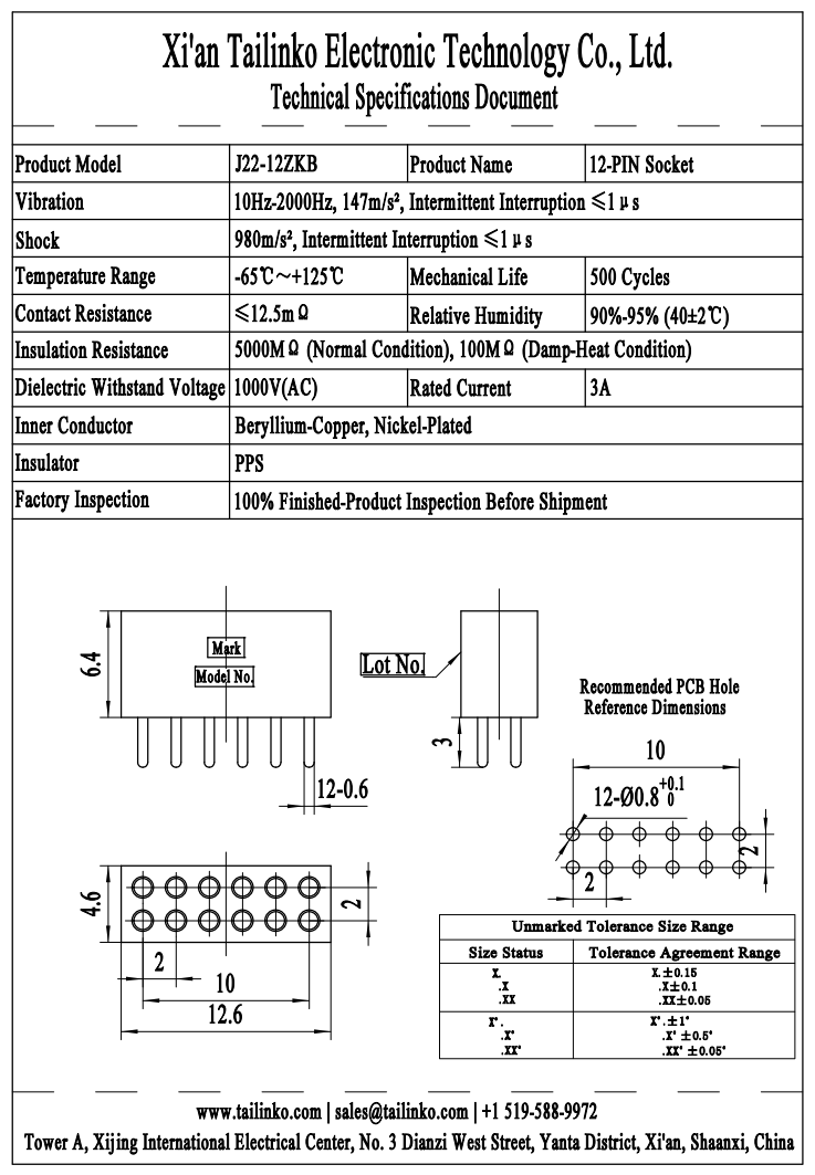 MRC: J22-12ZKB Straight Mount Micro-Rectangular PCB Connector Receptacle