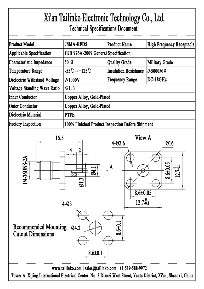 RFC: JSMA-KFD5 RF Coaxial Connector