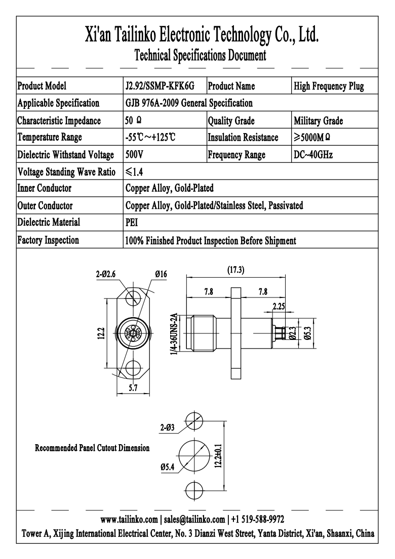 RFA: J2.92/SSMP-KFK6G 2.92mm Female to SMPM Female RF Coaxial Adapter