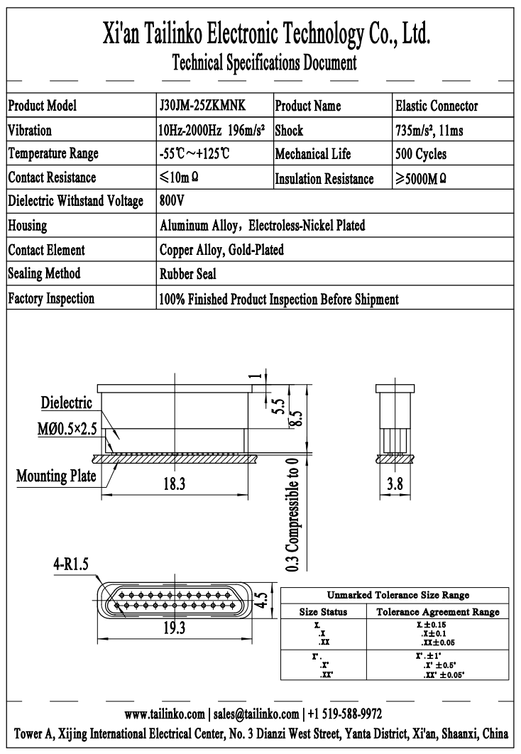 MRC: J30JM-25ZKMNK Fuzz Button Floating Elastic Micro-D Rectangular Connector