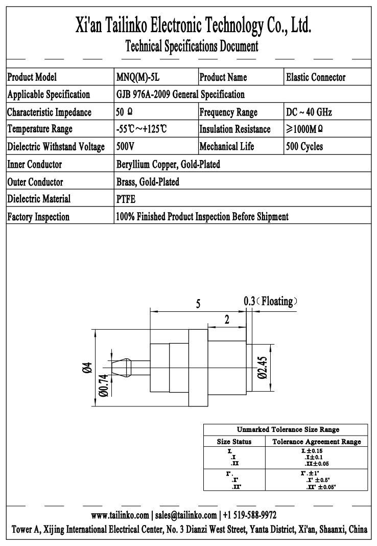 RFC: MNQ(M)-5L Glass-to-Metal Seal Fuzz Button Floating Elastic RF Coaxial Connector