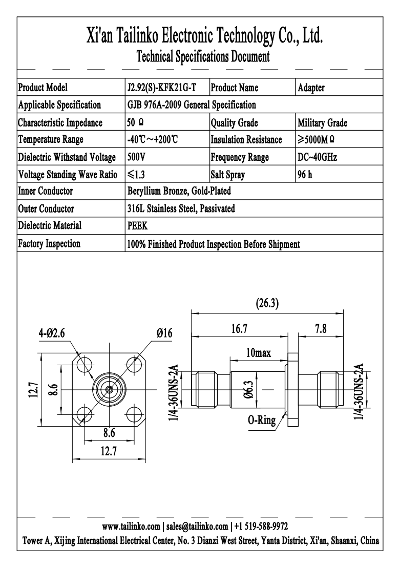 RFA: J2.92(S)-KFK21G-T 2.92mm Female to 2.92mm Female RF Coaxial Adapter