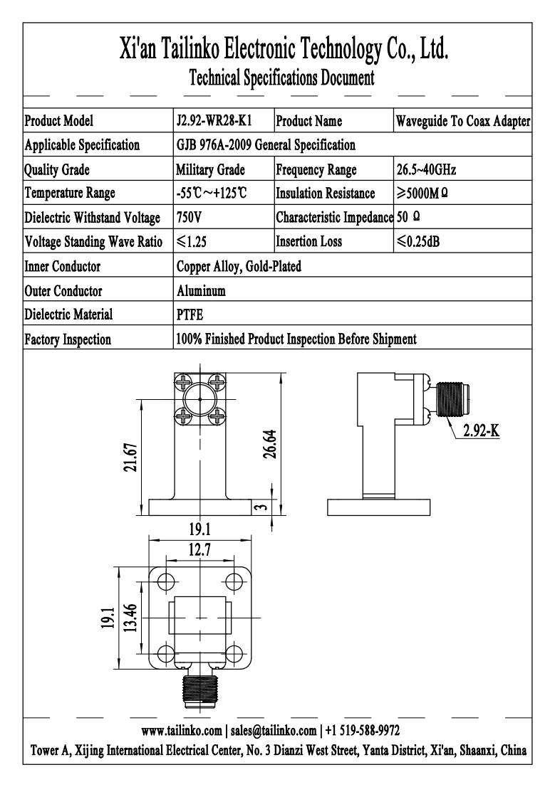 WCA: J2.92-WR28-K1 Waveguide to Coaxial Adapter