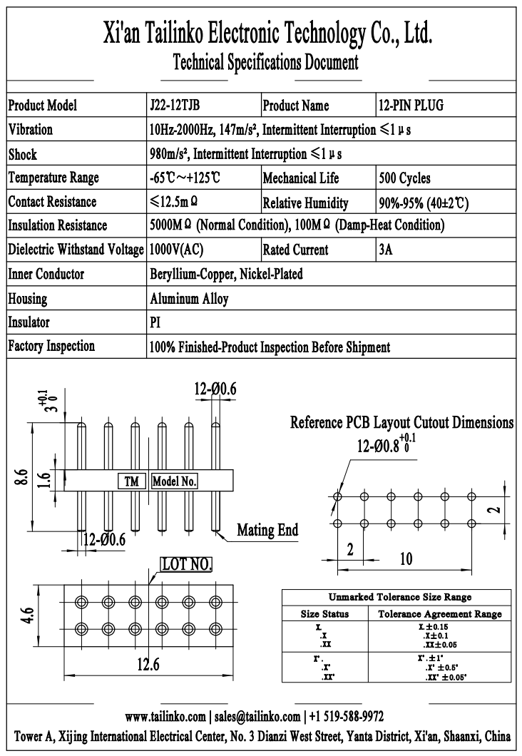 MRC: J22 Series 12-Pin Double-Row PCB Micro-Rectangular Connector Plug (J22-12TJB)