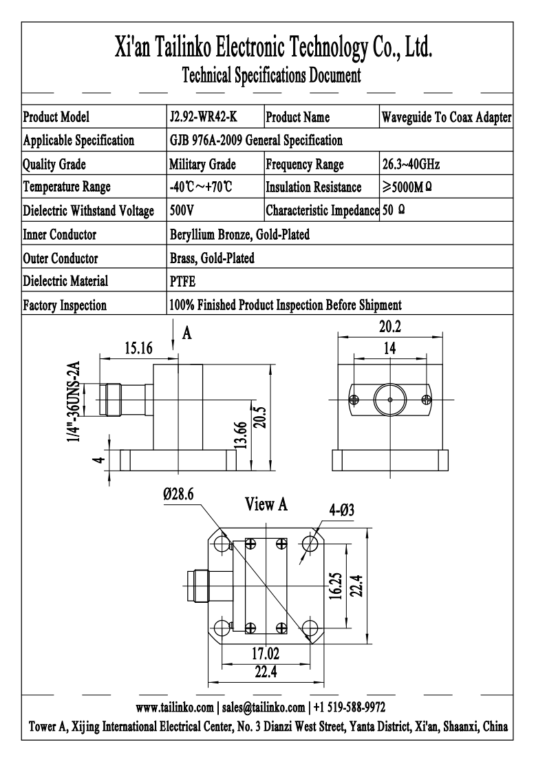 WCA: J2.92-WR42-K Waveguide to Coaxial Adapter
