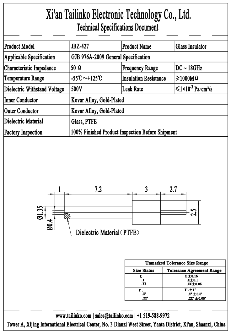 GTMS: JBZ-427 Single-Pin RF Hermetic Glass-to-Metal Seal Feedthrough