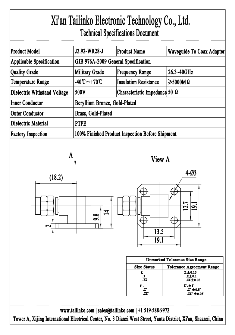 WCA: J2.92-WR28-J Waveguide to Coaxial Adapter
