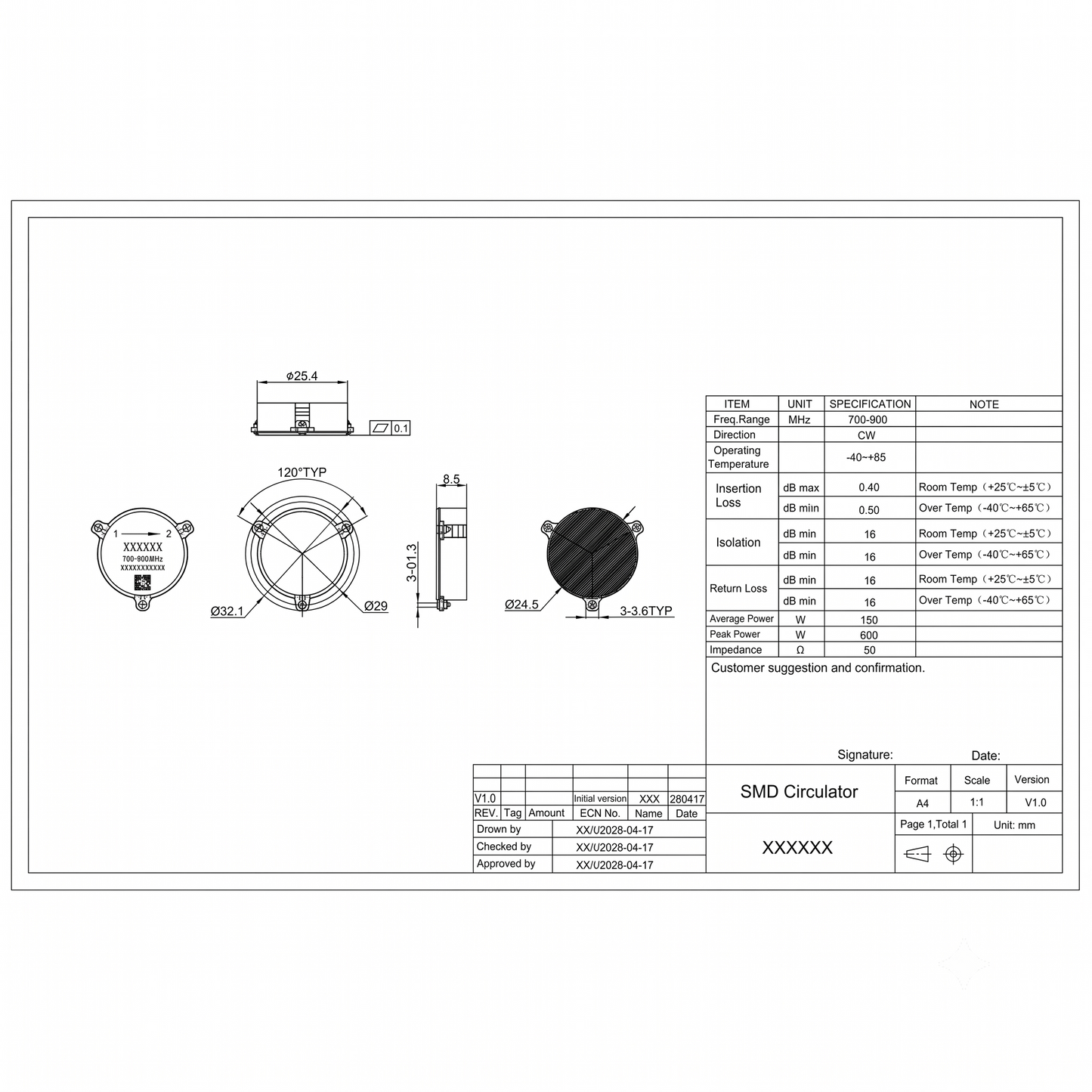 25.4mm 700-900MHz SMD Circulator