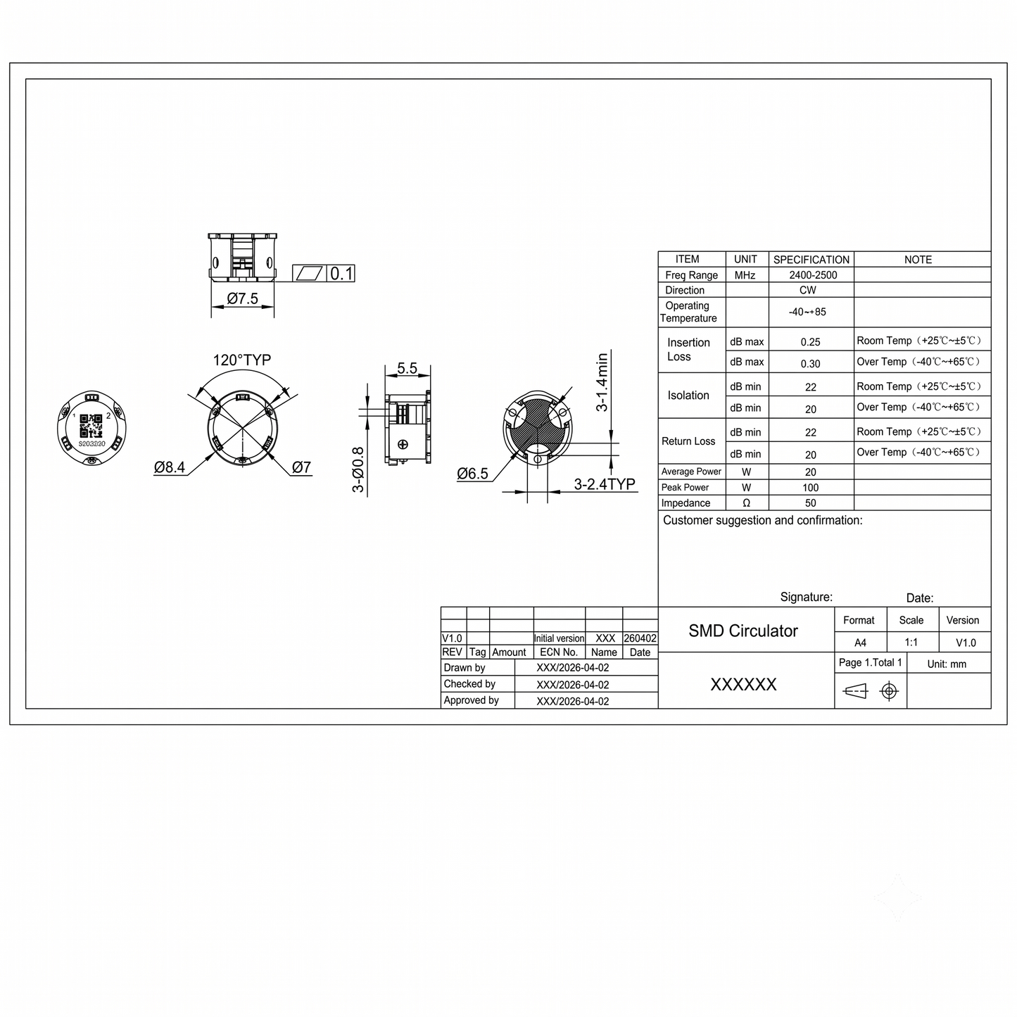 7mm 2400-2500MHz SMD Circulator